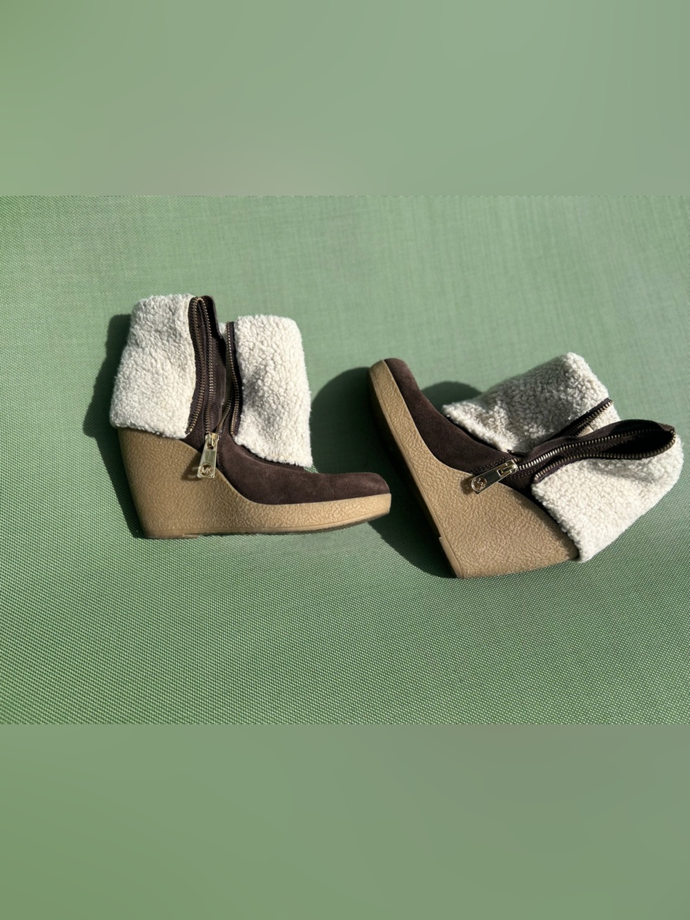 Michael Kors Brown Suede and Cream Sherpa Wedge Ankle Boots - Michael K
